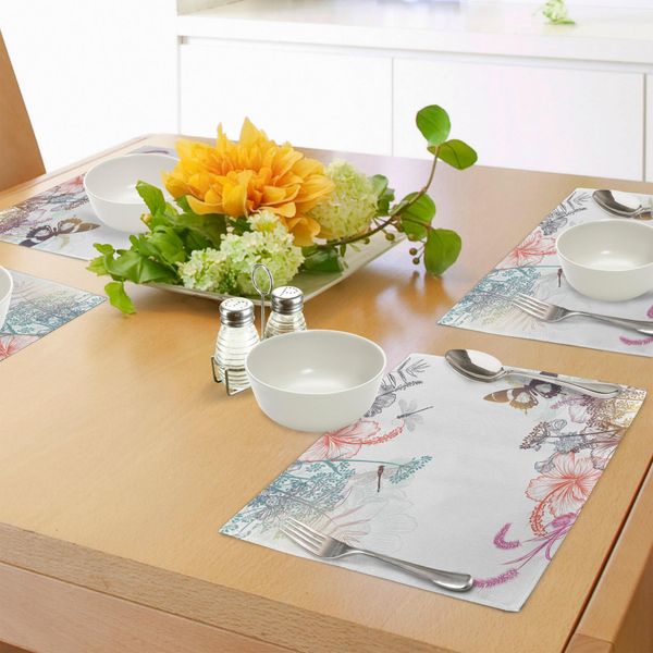 Tovagliette Abakuhaus Libelle, Fiori Selvatici, Fiori Di Ibisco, Erbe Aromatiche, Felci, Design Artistico In Stile Botanico Antico, Tiscjdeco In Tessuto Resistente Ai Colori Per La Sala Da Pranzo E La Cucina, Multicolore-image