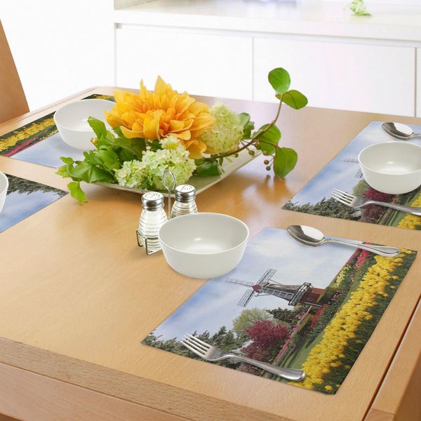 Tovagliette Abakuhaus Windmill, Serene Vast Traditional Garden Con Fiori, Alberi E Tulipani Olandesi, Tiscjdeco In Tessuto Resistente Al Lavaggio Per La Sala Da Pranzo E La Cucina, Multicolore-image