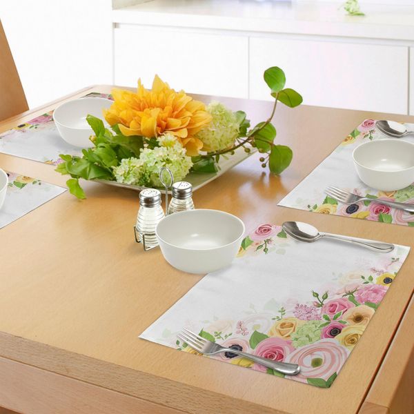 Abakuhaus Tovagliette Con Fiori Di Anemone, Rose, Ranuncoli E Ortensie, Foglie Verdi E Cornice, Decorazioni Da Tavola In Tessuto Resistente Al Lavaggio Per La Sala Da Pranzo E La Cucina, Giallo, Verde, Rosa Chiaro-image