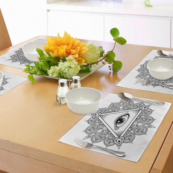 Abakuhaus Tovagliette Con Motivo Occhio, Vendemmia Occhio Che Tutto Vede Simbolo Tatuaggio Con Mandala Boho Spirito Provvidenziale Occultismo, Tiscjdeco In Tessuto Resistente Ai Colori Per Sala Da Pranzo E Cucina, Bianco Nero-image