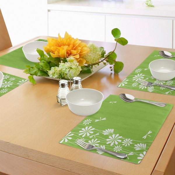 Abakuhaus Tovagliette Libelle, Motivo Floreale-Petali Di Fiori-Primavera-Crescita Infantile-Natura-Stagionale-Arte Grafica, Tiscjdeco In Tessuto Resistente Al Lavaggio Per Sala Da Pranzo E Cucina, Verde Lime Bianco-image
