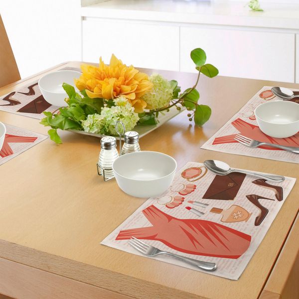 Abakuhaus Tacchi E Abiti Tovagliette, Accessori Moda Abito Da Cocktail Rossetto Orecchini Tacchi Alti, Tiscjdeco In Tessuto Resistente Al Lavaggio Per La Sala Da Pranzo E La Cucina, Salmone Marrone Pesca-image
