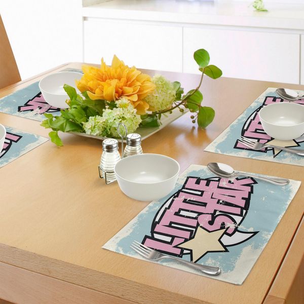 Tovagliette Abakuhaus Popstar Party, Stile Grunge, Pop Art, Retrò, Tipografia Con Piccole Stelle, Tiscjdeco In Tessuto Resistente Ai Colori Per La Sala Da Pranzo E La Cucina, Rosa Chiaro, Azzurro, Crema.-image