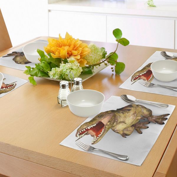 Tovagliette Abakuhaus Con Dinosauri, Immagine Di Roaring Rex Animale Storico Realistico Con Denti Affilati, Tiscjdeco In Tessuto Resistente Al Lavaggio Per La Sala Da Pranzo E La Cucina, Verde Militare Rosso Scarlatto Marrone Chiaro-image
