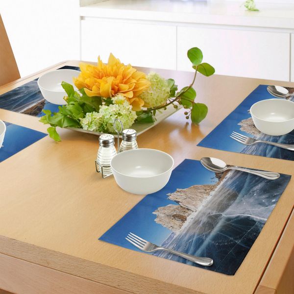 Tovagliette Invernali Abakuhaus, Lago Baikal Ghiacciato In Siberia - Ghiaccioli - Natura Scenografica - Struttura - Clima Freddo, Tiscjdeco In Tessuto Resistente Al Lavaggio Per La Sala Da Pranzo E La Cucina, Caramello Bianco Blu-image
