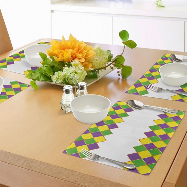 Tovagliette Abakuhaus Mardi Gras, Design A Griglia Colorata In Stile Carnevalesco, Motivo Diamond Line, Struttura Retrò, Tiscjdeco In Tessuto Resistente Al Lavaggio Per Sala Da Pranzo E Cucina, Verde Lime, Viola, Giallo-image