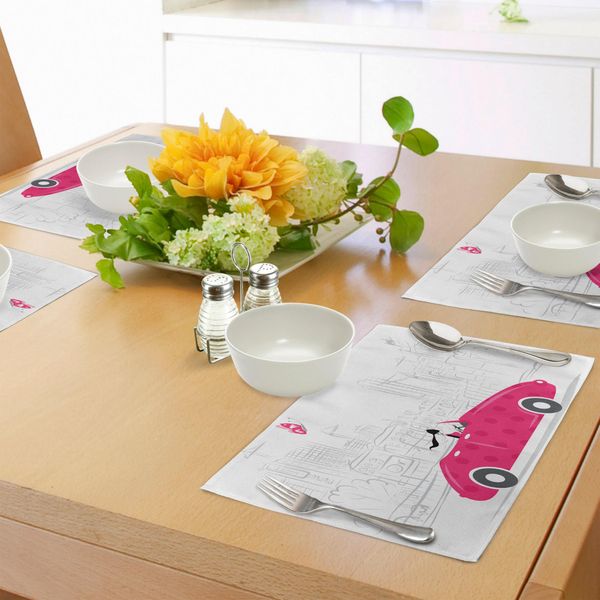 Abakuhaus Tovagliette Per Auto, Donna Che Guida Un'auto Rosa Vintage Con Paesaggio Urbano E Ragazza Farfalla, Stampa Digitale Su Tessuto Lavabile, Decorazione Da Tavola Per Cucina, Rosa, Nero, Grigio-image