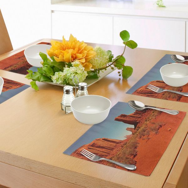 Abakuhaus Tovagliette Desertiche, Soleggiate E Calde, Monumentali, Valle Arida, Terra Originaria, Arizona, Usa, Tiscjdeco In Tessuto Resistente Al Colore Per La Sala Da Pranzo E La Cucina, Arancione Scuro, Azzurro-image