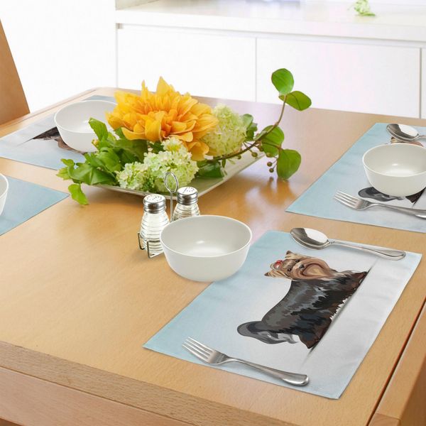 Tovagliette Abakuhaus Yorkie, Raffigurazione Digitale Di Uno Yorkshire Terrier Con Un Fiocco Sulla Testa, Colori Meshed, Stile Computerizzato, Tiscjdeco In Tessuto Resistente Al Lavaggio Per Sala Da Pranzo E Cucina, Multicolore-image