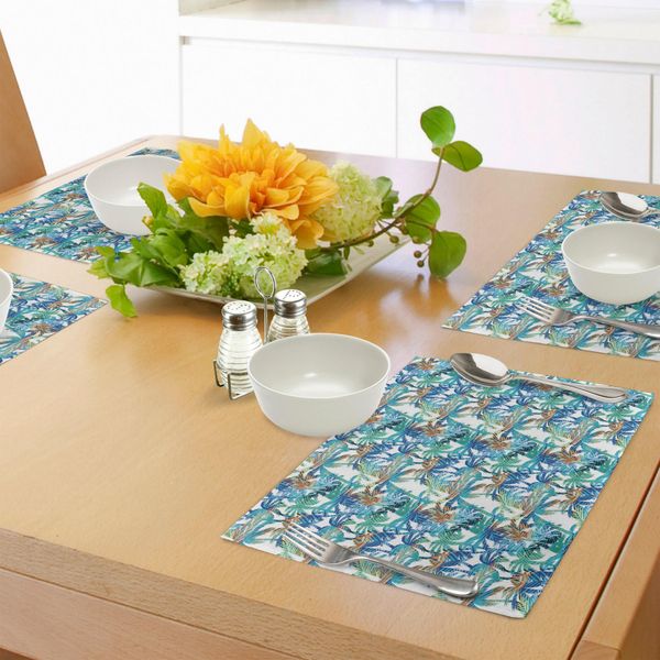 Tovagliette Abakuhaus In Foglia Di Palma, Stampa Estiva Tropicale Con Motivo Astratto Di Palme, Fantasia Naturale, Tiscjdeco In Tessuto Resistente Al Lavaggio Per Sala Da Pranzo E Cucina, Verde Menta, Arancione, Blu-image