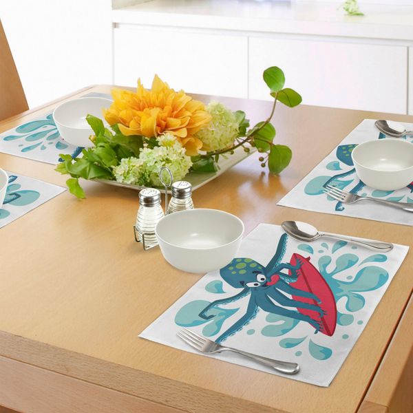 Abakuhaus Cavalca L'onda Tovagliette, Polipo Surfista, Con Divertente Stampa Di Onde Marine E Pesci Sott'acqua, Tiscjdeco In Tessuto Resistente Ai Colori Per La Sala Da Pranzo E La Cucina, Blu Petrolio Turchese Rosso-image