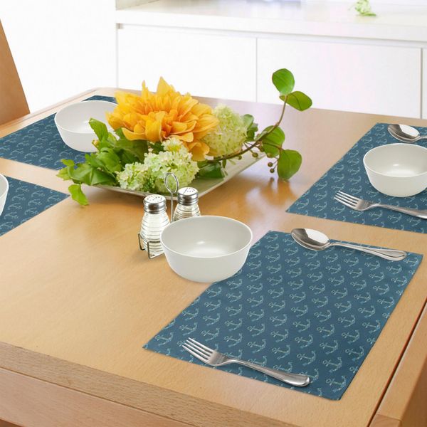 Tovagliette Abakuhaus Con Ancore, Ancore Stilizzate Con Figure Marittime, Pesci, Animali Marini Sott'acqua, Decorazioni Da Tavola In Tessuto Resistente Al Lavaggio Per La Sala Da Pranzo E La Cucina, Blu Petrolio, Azzurro, Beige.-image
