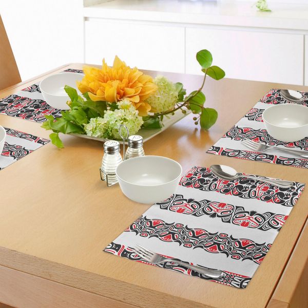 Abakuhaus Tovagliette Primitive, Motivi Haida In Bordi Verticali Con Figure Tribali Astratte Di Animali, Tiscjdeco In Tessuto Resistente Al Colore Per La Sala Da Pranzo E La Cucina, Rosso Cinabro Bianco Nero-image