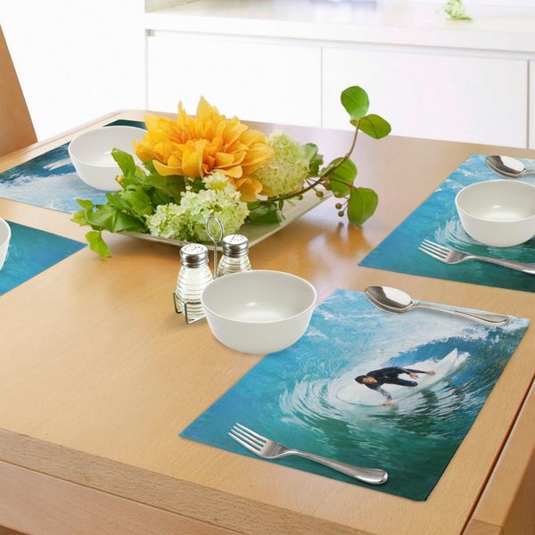 Abakuhaus Cavalca L'onda Tovagliette, Surfisti Nell'oceano Onda Avventura Adrenalina Energia Mare Sport Immagine, Tiscjdeco In Tessuto Resistente Ai Colori Per La Sala Da Pranzo E La Cucina, Azzurro Cielo Bianco-image