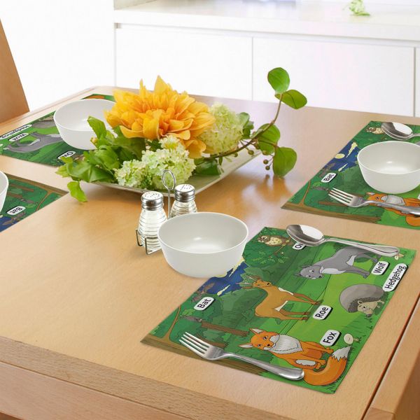 Abakuhaus Tovagliette Didattiche, Bosco Con Animali Caricaturali Con Nomi, Gioco Educativo E Divertente, Tiscjdeco In Tessuto Resistente Ai Colori Per La Sala Da Pranzo E La Cucina, Multicolore-image
