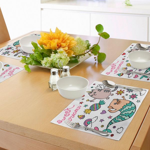 Abakuhaus Tovagliette Unicorno Gatto, Carlino Sirena E Unicorno Gatto, Che Desidera Sogni D'oro, Caramelle Colorate E Arcobaleni, Decorazioni Da Tavola In Tessuto Resistente Al Lavaggio Per La Sala Da Pranzo E La Cucina, Multicolore-image