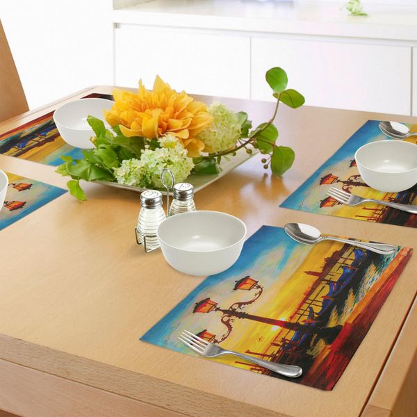 Abakuhaus Tovagliette Venezia, Lanterne Antiche E Gondole Che Navigano Nel Canal Grande All'alba Artistica, Tiscjdeco In Tessuto Colorato Per La Sala Da Pranzo E La Cucina, Arancione Giallo Blu-image