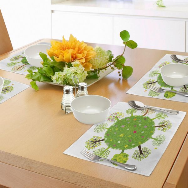 Tovagliette Abakuhaus, Vari Alberi Verdi In Tutto Il Mondo Nella Stagione Primaverile In Piena Fioritura, Fiori Ecologici Del Pianeta, Stampa Digitale Su Tessuto Lavabile, Decorazione Da Tavola Per La Cucina, Multicolore-image