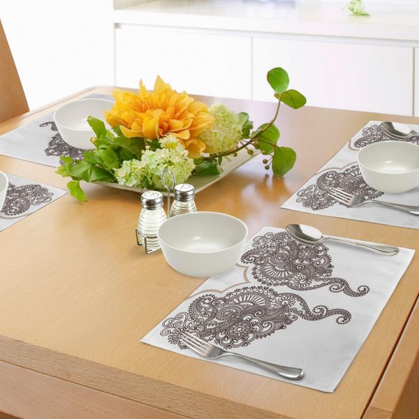 Abakuhaus Tovagliette All'henné, Due Identiche Con Motivo Orientale Paisley All'henné Arte Astratta Volute Foglie Curlicues, Tiscjdeco In Tessuto Resistente Al Colore Per La Sala Da Pranzo E La Cucina, Sigillo Marrone Chiaro-image
