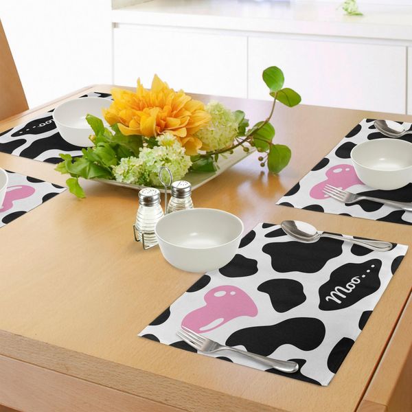 Tovagliette Abakuhaus Con Stampa Mucca, Motivo Mimetico In Bianco E Nero Con Grazioso Cuore Rosa Moo, Decorazione Da Tavola In Tessuto Resistente Al Lavaggio Per Sala Da Pranzo E Cucina, Bianco, Nero, Rosa-image