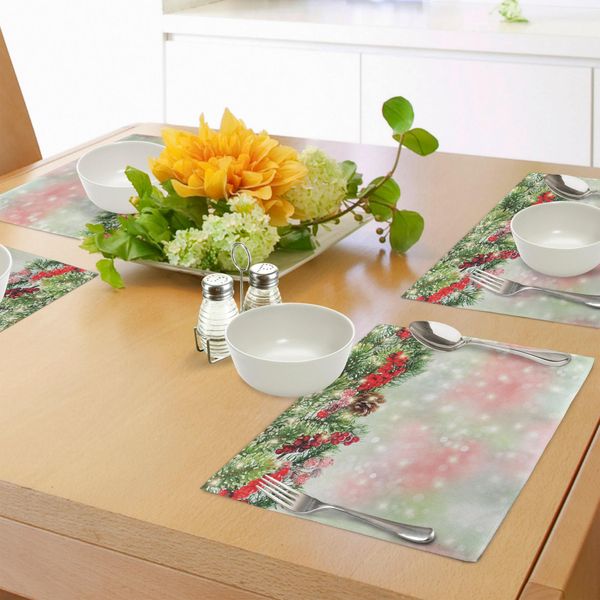 Tovagliette Natalizie Abakuhaus, Rami Di Abete Sempreverde Con Bacche Di Agrifoglio Rosse, Ghirlanda Con Sfondo Sfumato, Decorazioni Da Tavola In Tessuto Resistente Al Lavaggio Per La Sala Da Pranzo E La Cucina, Verde Marrone Rosso-image