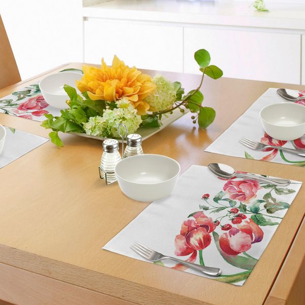Tovagliette Acquerellate Abakuhaus, Composizione Botanica Ispirata Al Grunge Con Frutta E Fiori, Decorazioni Da Tavola In Tessuto Resistente Al Lavaggio Per La Sala Da Pranzo E La Cucina, Verde Giada, Rosa Cipria, Rosso.-image