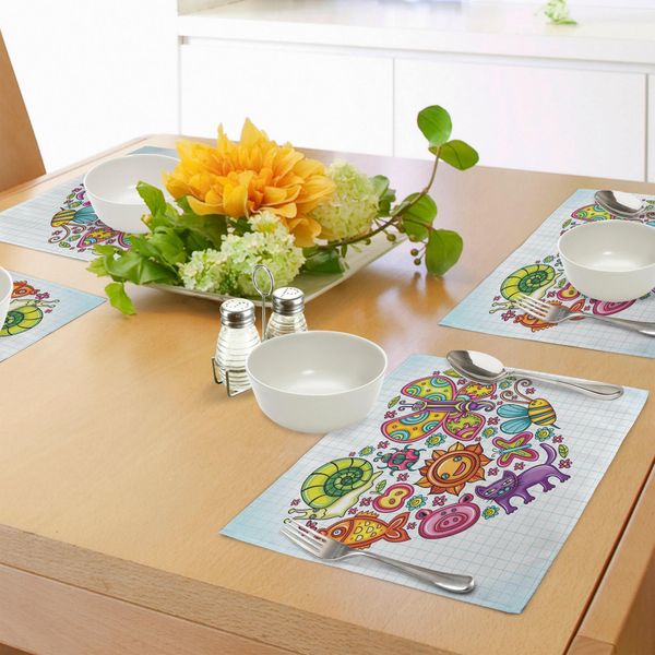 Abakuhaus Tovagliette Con Disegni, Tema Flora E Fauna Cuore Animali Uccelli E Piante Calabrone Coccinella Foglie Gatto, Tiscjdeco In Tessuto Resistente Al Lavaggio Per Sala Da Pranzo E Cucina, Multicolore-image