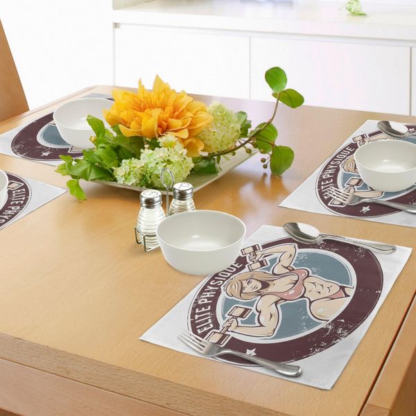 Tappetini Fitness Abakuhaus, Stile Retrò Sexy Lady Con Manubri Elite Physique Grunge Display, Tiscjdeco In Tessuto Resistente Al Lavaggio Per La Sala Da Pranzo E La Cucina, Rosa Chiaro Cioccolato Blu-image