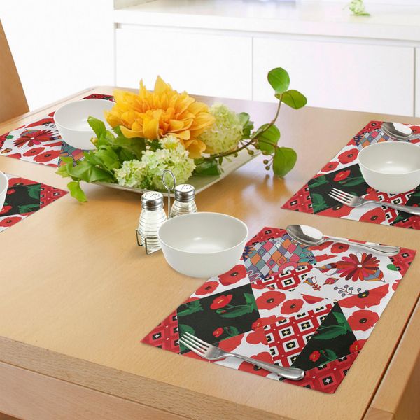 Tovagliette Abakuhaus Retro, Motivi Ispirati Al Patchwork Con Fiori Di Papavero, Revival Del Design Culturale Slavo Russo, Tiscjdeco In Tessuto Resistente Al Lavaggio Per La Sala Da Pranzo E La Cucina, Multicolore-image