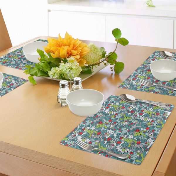 Abakuhaus Tovagliette Con Scarabocchi, Coniglietti Kawaii Con Nuvole Felici, Bellissimi Teschi E Cuori. Stampe Colorate, Decorazioni Da Tavola In Tessuto Resistente Ai Colori Per La Sala Da Pranzo E La Cucina, Multicolore.-image