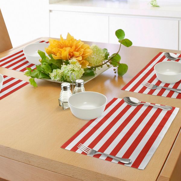 Abakuhaus Tovagliette Geometriche, Classico Motivo A Righe - Linee Audaci In Direzione Orizzontale, Stile Vintage, Tiscjdeco In Tessuto Resistente Al Lavaggio Per Sala Da Pranzo E Cucina, Rosso Cinabro Bianco-image