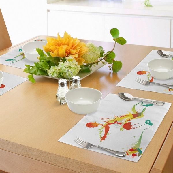 Abakuhaus Tovagliette Per Camera Dei Ragazzi, Giovane Uomo Che Gioca A Calcio - Atleta - Vittoria - Campione - Paintbrush Artwork, Tiscjdeco In Tessuto Resistente Ai Colori Per Sala Da Pranzo E Cucina, Multicolore-image