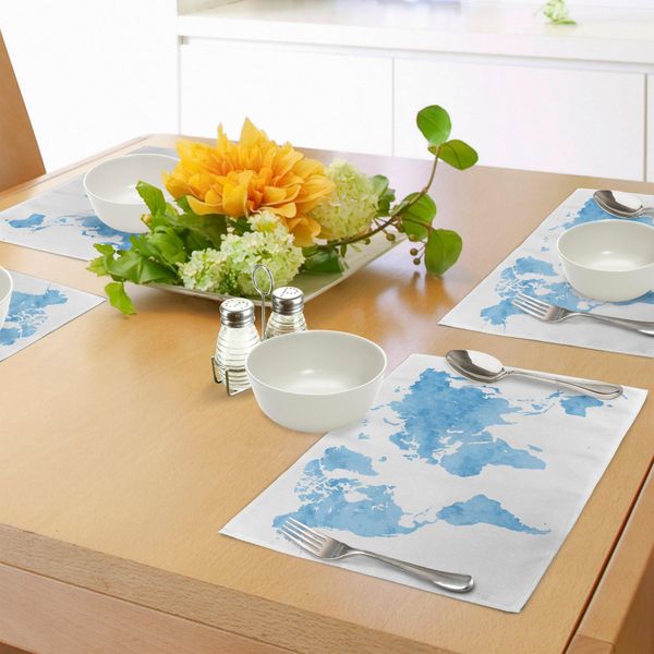 Tovagliette Abakuhaus, Mappa Del Mondo In Stile Acquerello Blu, Rappresentazione Artistica Dei Continenti In Colori Pastello, Decorazione Da Tavola In Tessuto Resistente Ai Colori Per La Sala Da Pranzo E La Cucina, Azzurro E Bianco-image