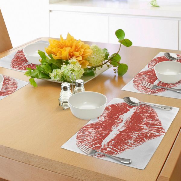 Tovagliette Abakuhaus, Rossetto Rosso A Forma Di Cuore, Tema Passione-Romanticismo-Sensualità, Decorazione Da Tavola In Tessuto Resistente Al Lavaggio Per Sala Da Pranzo E Cucina, Bianco E Rosso-image