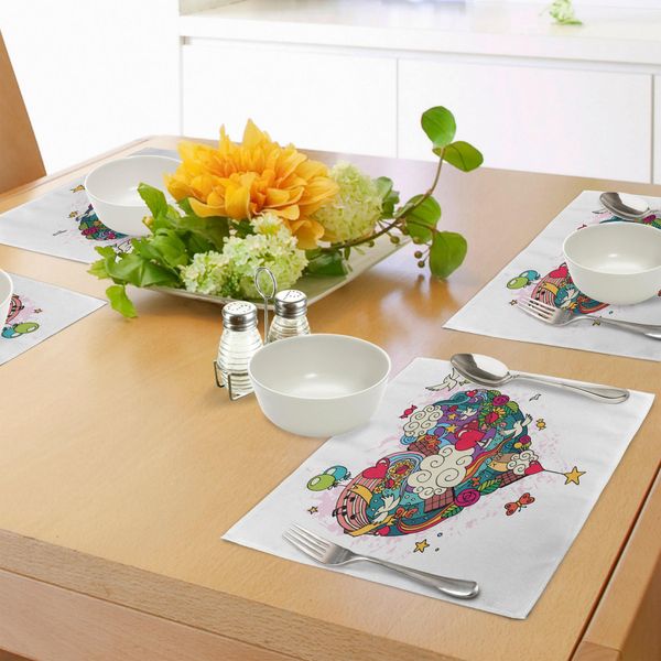 Abakuhaus Tovagliette Con Scarabocchi, Cuori Disegnati A Mano, Nuvole, Graziosi Gatti E Uccellini, Palloncini, Cuori Giganti, Tiscjdeco In Tessuto Resistente Al Lavaggio Per La Sala Da Pranzo E La Cucina, Multicolore-image