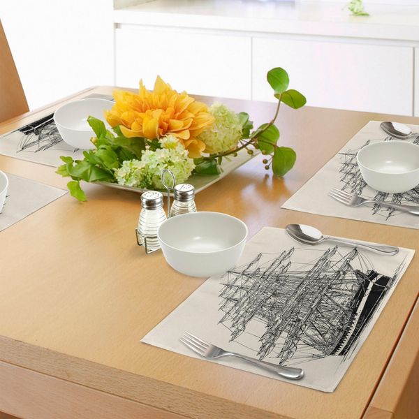Abakuhaus Tovagliette A Forma Di Nave Pirata, Barca A Vela, Illustrazione Dettagliata, Tema Nautico, Stile Vintage, Tiscjdeco In Tessuto Resistente Al Lavaggio, Per Sala Da Pranzo E Cucina, Nero Crema-image