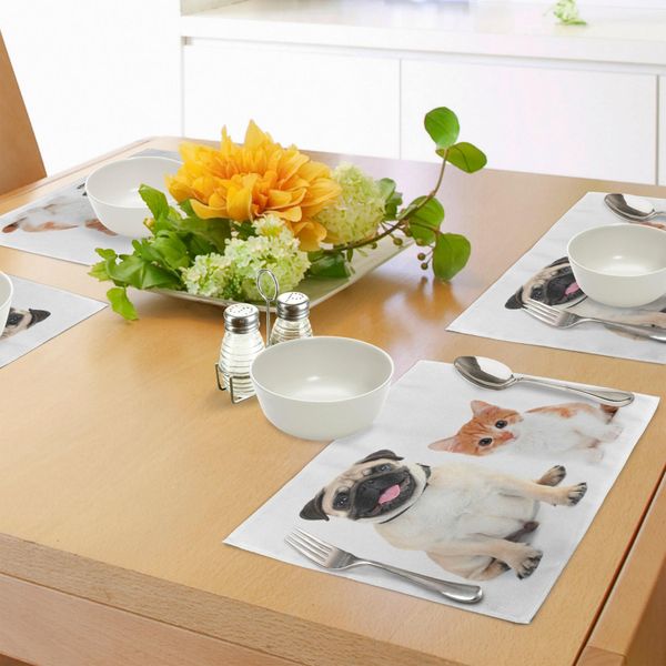 Tovagliette Abakuhaus, Adorabili Gattini E Cuccioli Fotografia Animali Carini Divertimento Giovani Animali Domestici Immagine Allegra, Tiscjdeco In Tessuto Resistente Al Lavaggio Per La Sala Da Pranzo E La Cucina, Arancione Bianco Crema-image