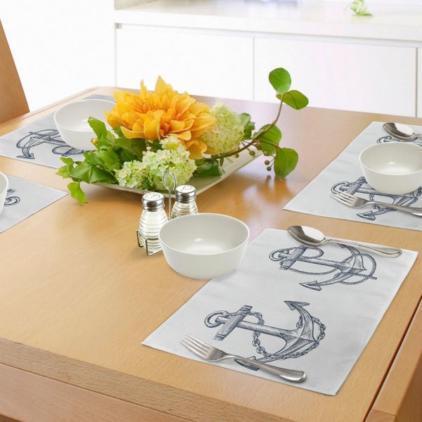 Abakuhaus Tovagliette Anchor, Disegno Vintage Elemento Nautico Nave Vela Tema Viaggio Catena Artistica Corda, Tiscjdeco In Tessuto Resistente Al Colore Per Sala Da Pranzo E Cucina, Blu Scuro Verde Bianco-image