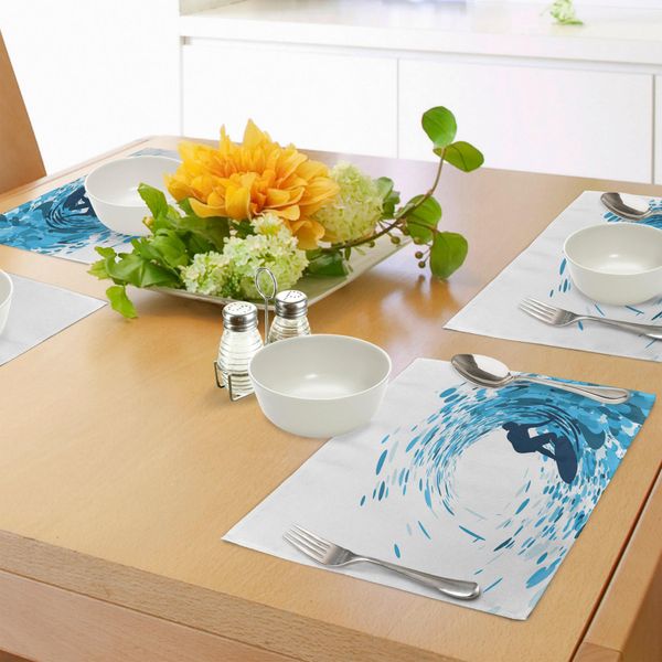 Abakuhaus Cavalca L'onda Tovagliette, Silhouette Di Un Surfista Tra Enormi Onde Oceaniche - Atleta - Hobby - Stile Di Vita - Immagine, Tiscjdeco In Tessuto Resistente Al Colore Per La Sala Da Pranzo E La Cucina, Blu Notte-image