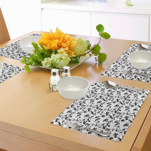 Tovagliette Asiatiche Abakuhaus, Motivo Floreale Sakura Monocromatico, Illustrazione Naturale Fiorita, Tema Stagionale Primaverile, Tessuto Lavabile E Resistente Al Lavaggio Per Sala Da Pranzo E Cucina, Bianco E Nero-image