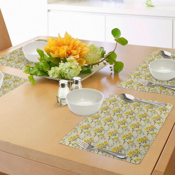 Abakuhaus Tovagliette Vintage, Narcisi In Fiore Piccoli Fiori Selvatici Foglie Verdi Classico Festivo, Tiscjdeco In Tessuto Resistente Ai Colori Per La Sala Da Pranzo E La Cucina, Verde Chiaro Giallo Crema-image