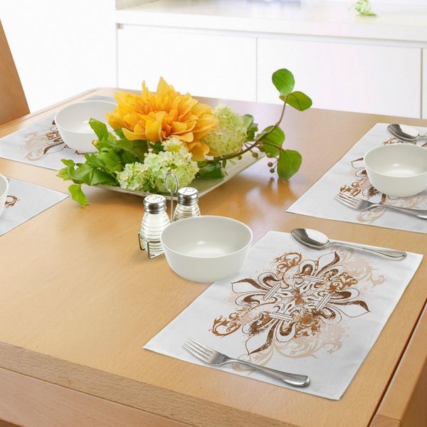 Tovagliette Abakuhaus Fleur De Lis, Antico Simbolo Araldico Vintage, Motivo Floreale Tradizionale, Tiscjdeco In Tessuto Resistente Ai Colori Per Sala Da Pranzo E Cucina, Bianco Marrone-image