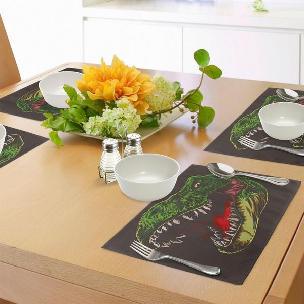 Tovagliette Abakuhaus Con Dinosauri, Testa Aggressiva Di T-Rex Selvaggio, Disegnate A Mano Con Colori Vivaci In Stile Giurassico, Tovagliette Decorative In Tessuto Resistente Ai Colori Per La Sala Da Pranzo E La Cucina, Marrone Scuro E Verde Felce.-image