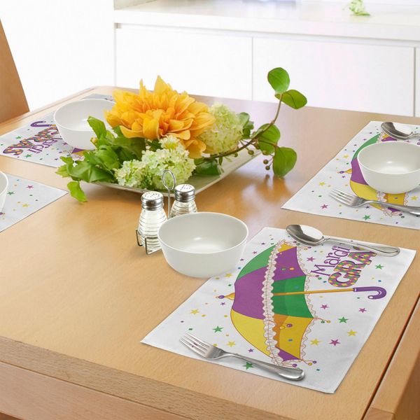 Tovagliette Abakuhaus Mardi Gras, Preparativi Per La Parata Umbrella Stars Confetti Figuren Joyful Fun Party, Decorazioni Da Tavola In Tessuto Resistente Ai Colori Per La Sala Da Pranzo E La Cucina, Giallo Verde Viola-image