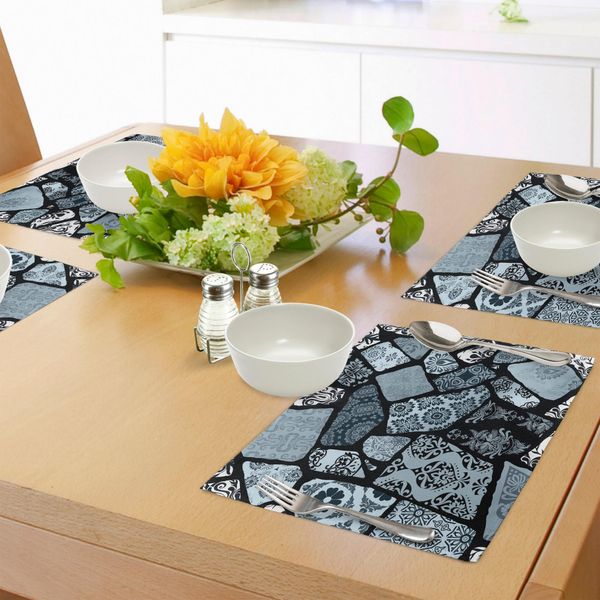 Tovagliette Abakuhaus Con Motivi Floreali, Design Moderno Con Forme Geometriche E Motivi Provenienti Da Diverse Culture, Tiscjdeco In Tessuto Resistente Al Lavaggio Per La Sala Da Pranzo E La Cucina, Bianco E Nero-image