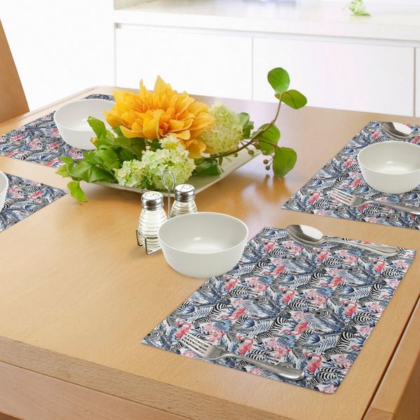 Tovagliette Abakuhaus Acquerellate, Fenicotteri Esotici, Zebre E Fiori Tropicali, Illustrazione Riassuntiva Di Animali, Decorazione Da Tavola In Tessuto Resistente Al Lavaggio Per Sala Da Pranzo E Cucina, Nero, Corallo, Rosso, Blu-image