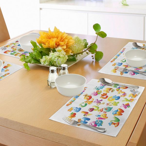 Abakuhaus Tovagliette Didattiche, Simpatico Disegno Con Alfabeto Divertente Per Bambini, Font Carino, Scuola Materna, Tiscjdeco In Tessuto Resistente Ai Colori Per La Sala Da Pranzo E La Cucina, Multicolore-image