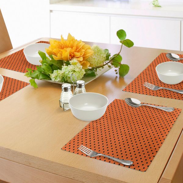 Tovagliette Abakuhaus Arancioni, Design Vintage Retrò - Piccoli Pois Neri Su Sfondo Arancione - Piastrelle Classiche, Tiscjdeco In Tessuto Resistente Al Lavaggio Per La Sala Da Pranzo E La Cucina, Arancione E Nero-image