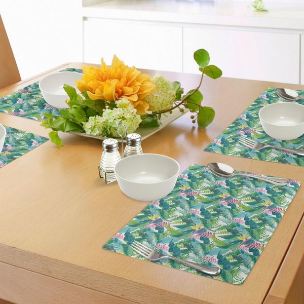 Tovagliette Abakuhaus Acquerellate, Ispirazione Esotica Dalla Giungla Delle Hawaii, Foglie Verdi Fresche, Piante Tropicali, Tiscjdeco In Tessuto Resistente Al Lavaggio Per La Sala Da Pranzo E La Cucina, Bianco, Verde, Rosa-image