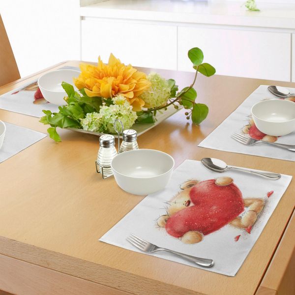 Tovagliette Abakuhaus Orso, Ispirate A San Valentino, Con Un Dolce Orsacchiotto Che Tiene Un Grande Cuore Rosso Amore Romantico, Decorazioni Da Tavola In Tessuto Resistente Ai Colori Per La Sala Da Pranzo E La Cucina, Marrone Sabbia Rosso-image